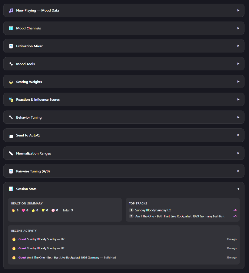 The AutoQ tuning console with its sections collapsed: Now Playing mood data, Mood Channels, Estimation Mixer, Mood Tools, Scoring Weights, Reaction and Influence Scores, Behavior Tuning, Send to AutoQ, Normalization Ranges, Pairwise Tuning, and Session Stats open at the bottom
