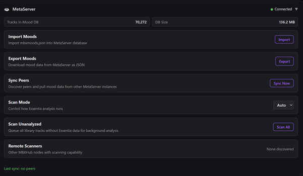 MetaServer - Mood Scanner Controls, Import/Export, Peer Sync