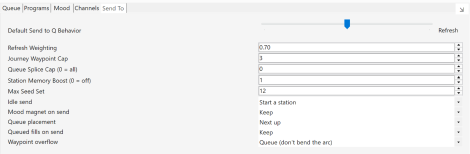 Send To settings: refresh weighting, journey waypoint cap, queue splice cap, station memory boost, max seed set, and queue placement behaviour