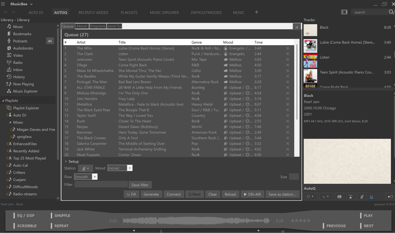 AutoQ Workbench as a full MusicBee navigator tab in a dark skin — queue with per-track genre and mood, Setup row, and Generate / Connect / ON-AIR verbs