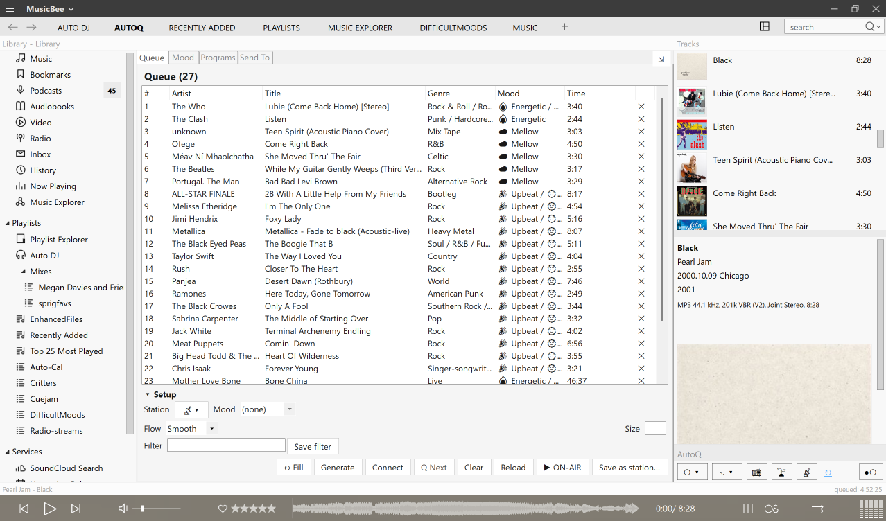 AutoQ Workbench in a light MusicBee skin — same tab, theme-aware colors throughout