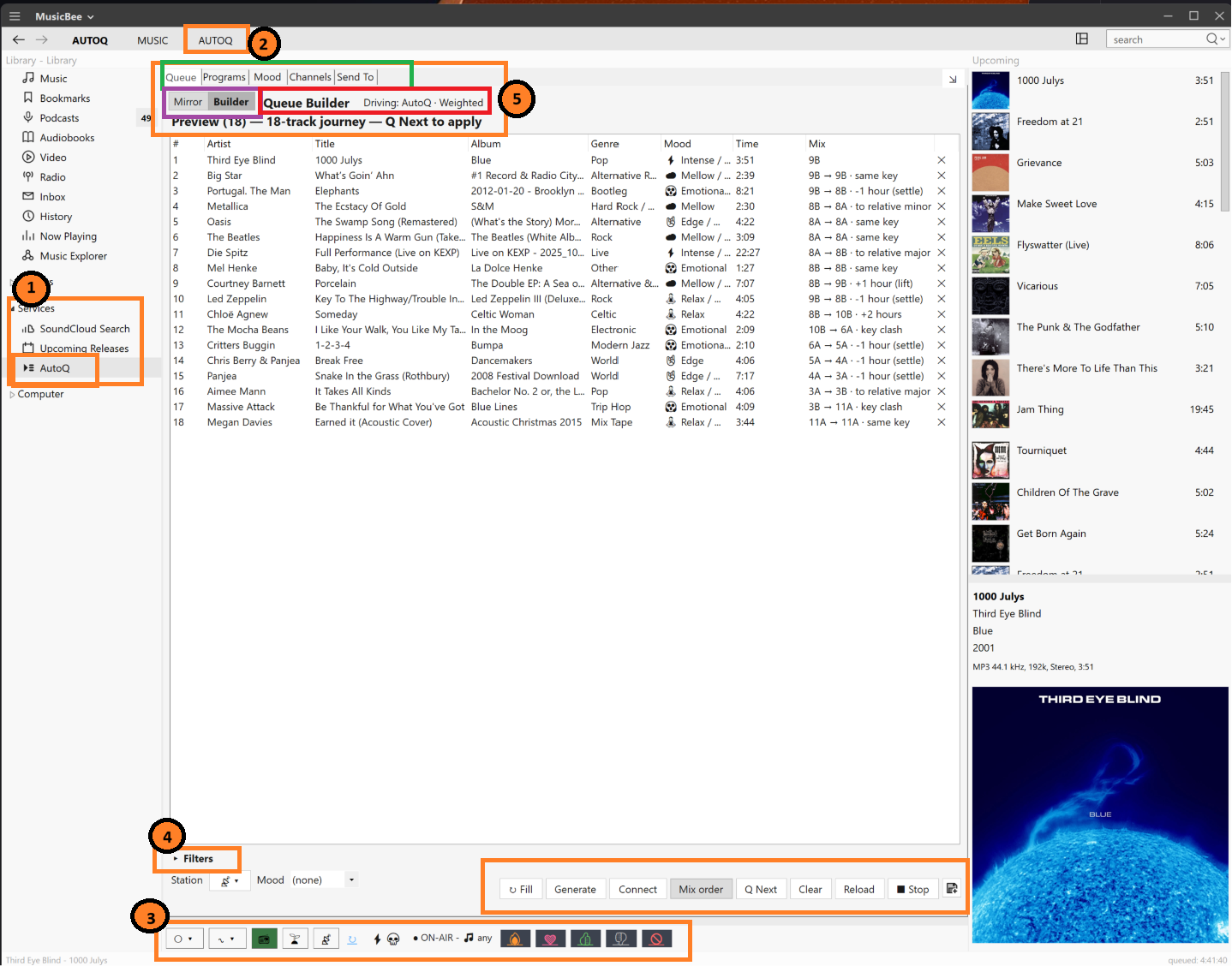 The AutoQ Workbench in MusicBee: the AutoQ tab with Queue, Programs, Mood, Channels and Send To; an 18-track preview with a Mix column showing the Camelot transition between each pair; the filter row and the reaction strip