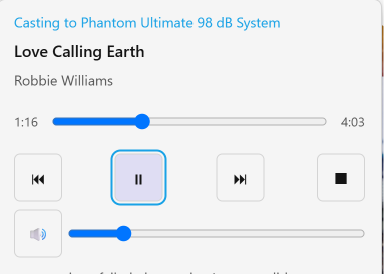 Cast Control showing the target speaker, track and artist, seek bar, playback buttons and volume slider