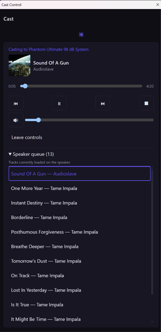 The same control with Speaker queue expanded: the thirteen tracks loaded on the speaker, the playing one outlined