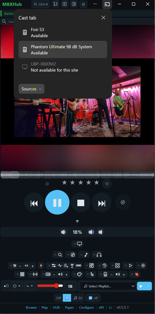 The browser's own Cast tab picker open over MBXHub on a desktop, listing the speakers on the network — the tab is mirrored to the speaker