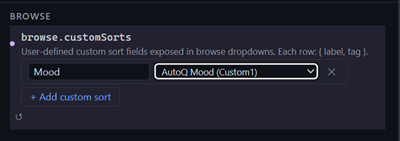 Custom sort settings — user-defined sort fields exposed in browse dropdowns, with friendly tag names from MusicBee Preferences