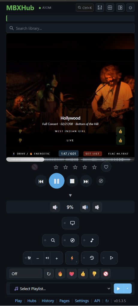 MBXHub Dashboard — movie-poster immersive Now Playing with waveform scrubber, mood and format chips