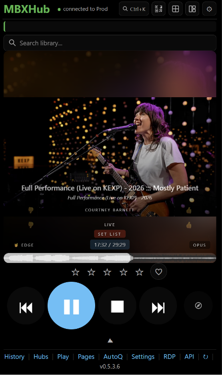 Dashboard - Live Setlist (v0.5.3.6) — SET LIST chip on the immersive Now Playing card with setlist-aware transport