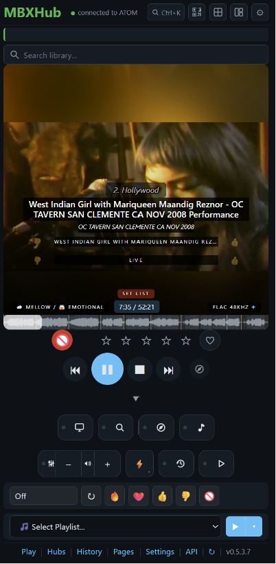 MBXHub Dashboard — immersive Now Playing with the live SET LIST badge, setlist tracklist, waveform scrubber, mood and format chips