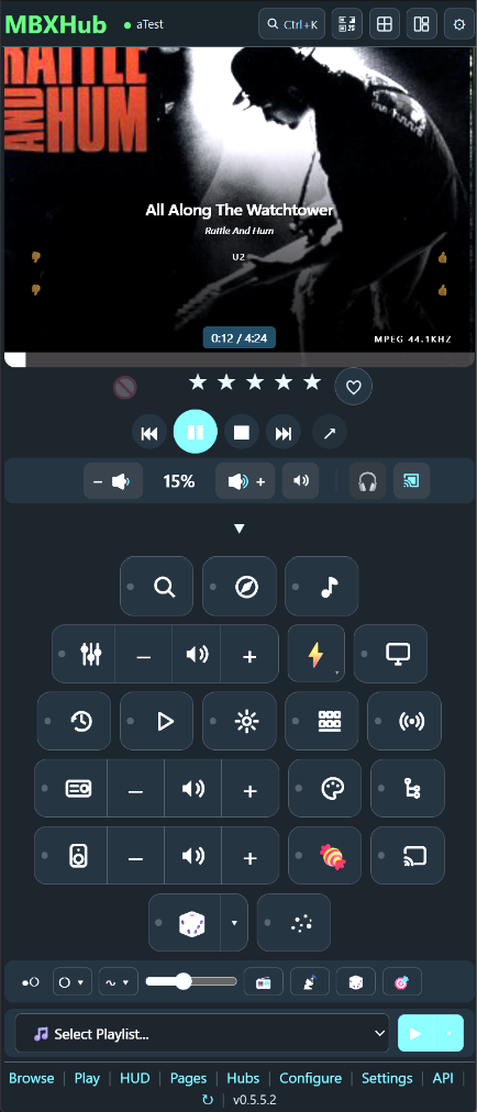 MBXHub dashboard v0.5.5.2 in the installed app — the title bar with the hub dot, Ctrl+K search and the charm icons; an immersive Now Playing with full-bleed artwork, star rating and love, transport, the volume row with Listen Here and Cast; the charm bar with the device faders, Dice, Music Map and the playlist picker