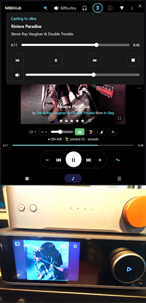 A first-try cast to a WiiM Ultra, with the playing track's album art on the speaker's display