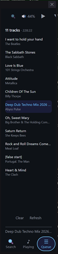 The vertical HUD — the Queue view: upcoming tracks with the current one highlighted, Clear and Refresh, and the Search / Playing / Queue tab bar