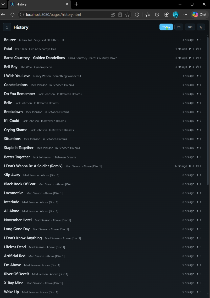 The History page - what played today, in the last 7 days, 30 days or the year, newest first, each row with its title, artist and album, how long ago, and its play and skip counts