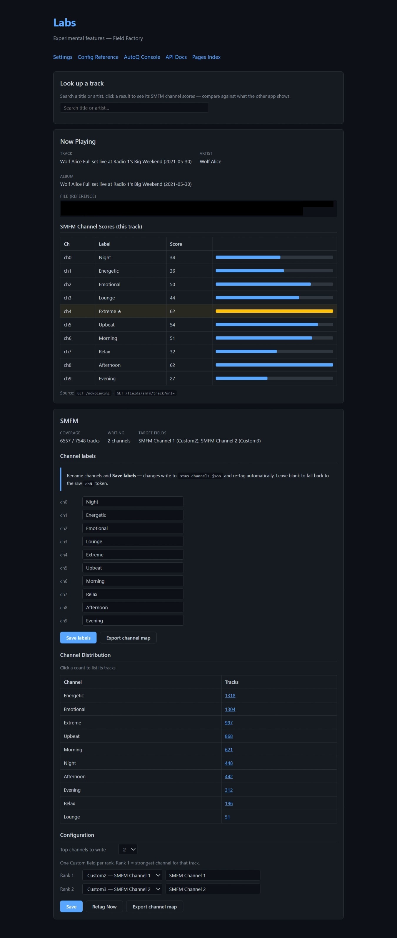 Field Factory Labs page — per-track SMFM valence/arousal, raw score bins with mood meanings, and Custom* field mapping