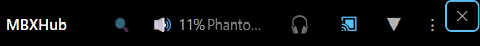 The HUD header while casting: the MBXHub name, search, the speaker&rsquo;s volume reading 11% with the speaker&rsquo;s name beside it, the Listen Here headphones, and the Cast button lit blue