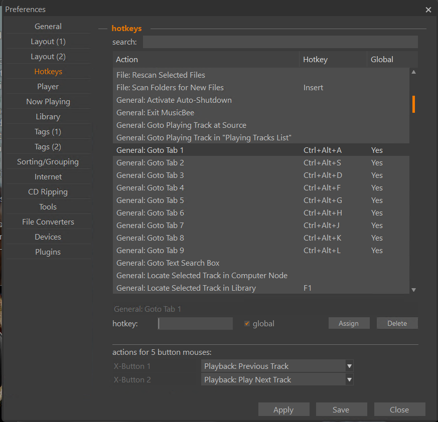 MusicBee Preferences showing hotkey configuration for tab navigation