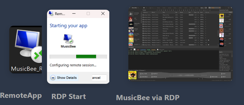 MusicBee RemoteApp — icon, RDP start, and full app via RDP