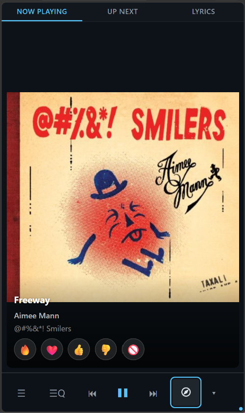 The Play page at phone width - Now Playing, Up Next and Lyrics tabs, the album artwork with the title, artist and album over it, the five reaction buttons, and the transport along the bottom