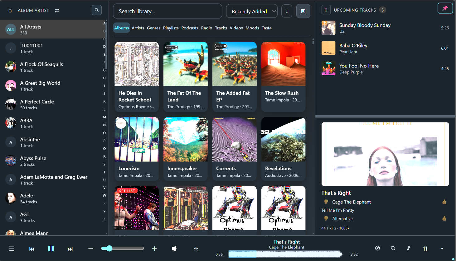 The Play page on a desktop display - album artists down the left with an A to Z strip, the album grid in the middle under the search box and the Albums, Artists, Genres, Playlists and Moods tabs, upcoming tracks and the now-playing artwork on the right, and the transport with its waveform across the bottom