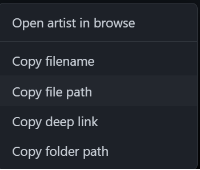 Right-click context menu on nowplaying — Open artist in browse, Copy filename, Copy file path, Copy deep link, Copy folder path