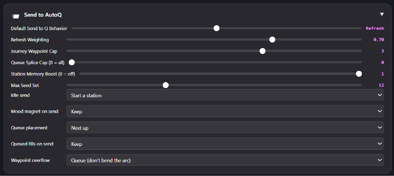 The Send to AutoQ section: sliders for the default send behavior, refresh weighting, waypoint cap, queue splice cap, station memory boost and max seed set, and dropdowns for idle send, mood magnet, queue placement, queued fills and waypoint overflow
