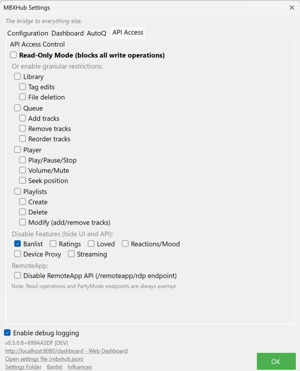 MBXHub Settings - API Access