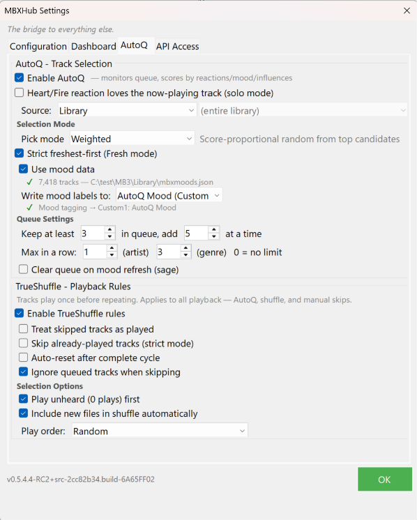 MBXHub Settings, AutoQ tab: track selection, pick mode, mood data source, queue settings, and the TrueShuffle playback rules
