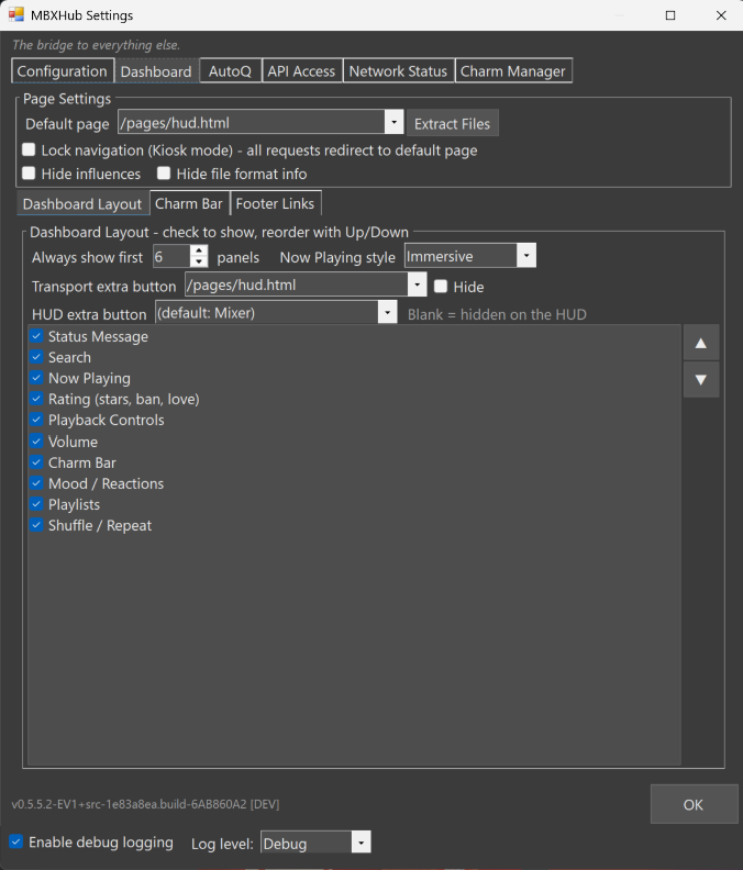 MBXHub Settings, Dashboard tab: default page, kiosk lock, and the dashboard panels to show and reorder, with the Charm Bar and Footer Links sub-tabs