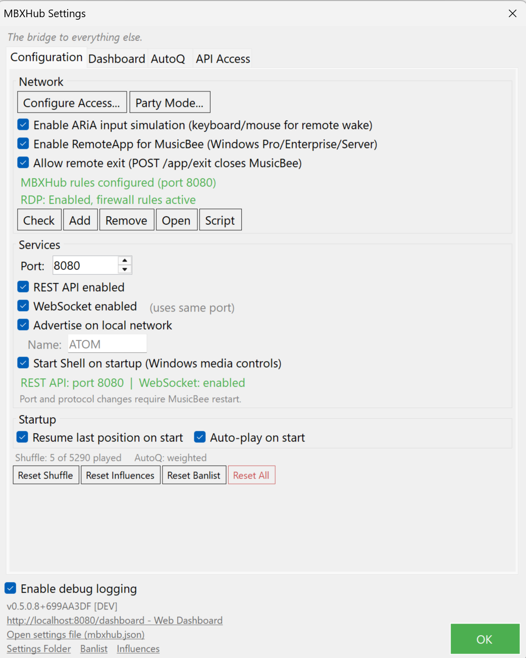 MBXHub Settings - Configuration