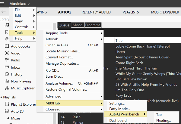 MusicBee Tools menu &mdash; MBXHub submenu with Settings, Party Mode, AutoQ Workbench (Tab or Floating) and Dashboard