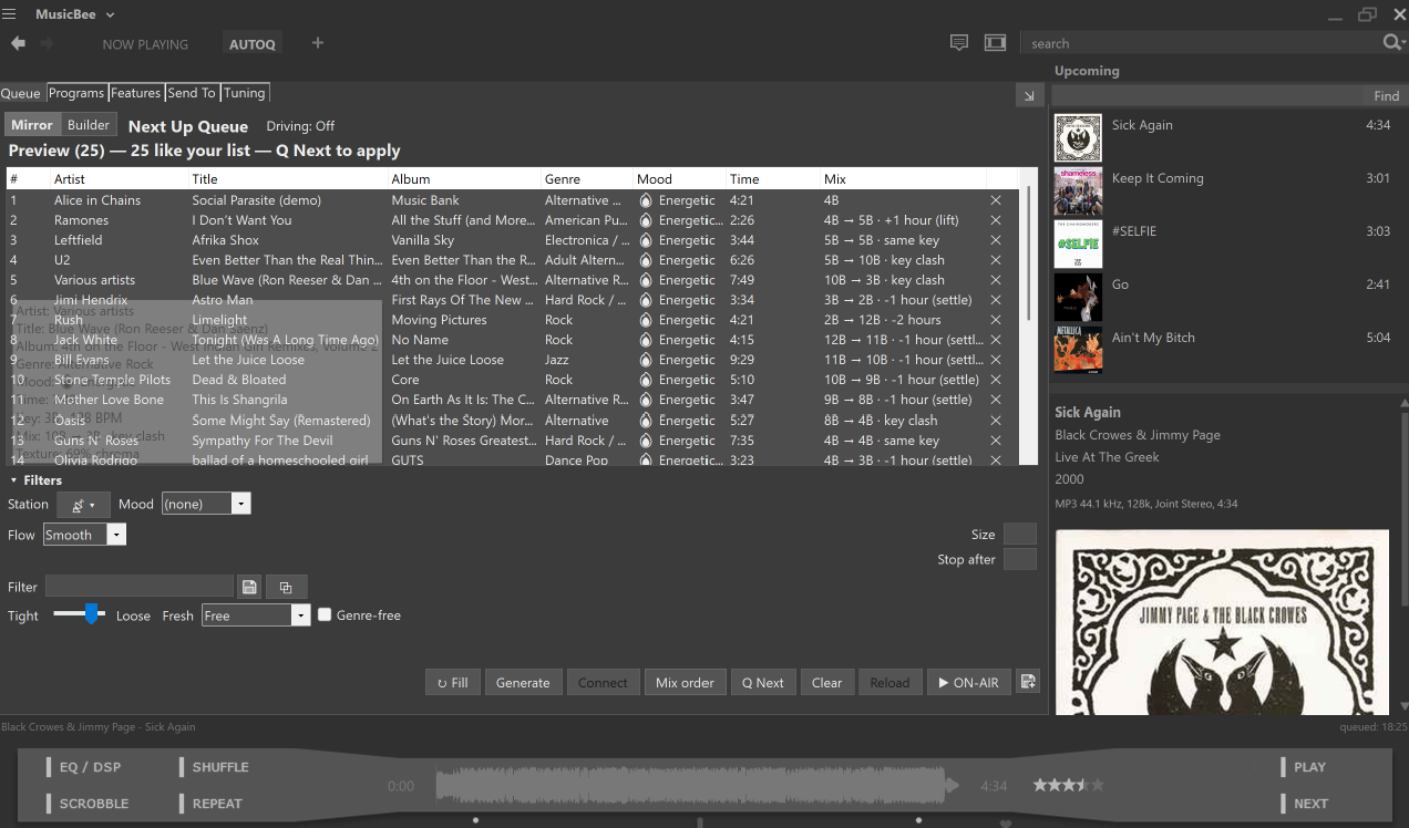 The AutoQ Workbench docked as a tab inside MusicBee: a preview of 25 generated tracks with artist, title, album, genre, mood, time and the key mix between each, above the station, mood, flow, filter, tightness and freshness controls and the Fill, Generate, Connect, Mix order, Q Next and ON-AIR verbs